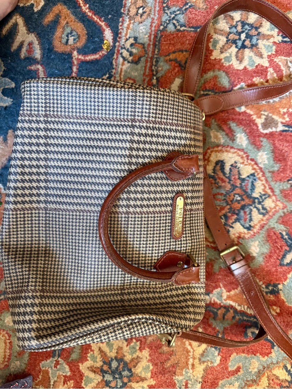 Polo Ralph Lauren Classic Houndstooth Satchel with Brown Leather Trim